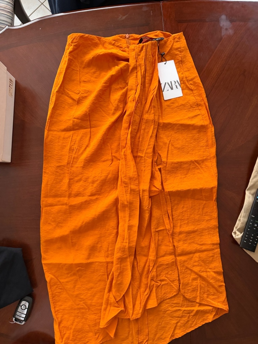 ZARA Vibrant Orange Ruffle Front Midi Skirt